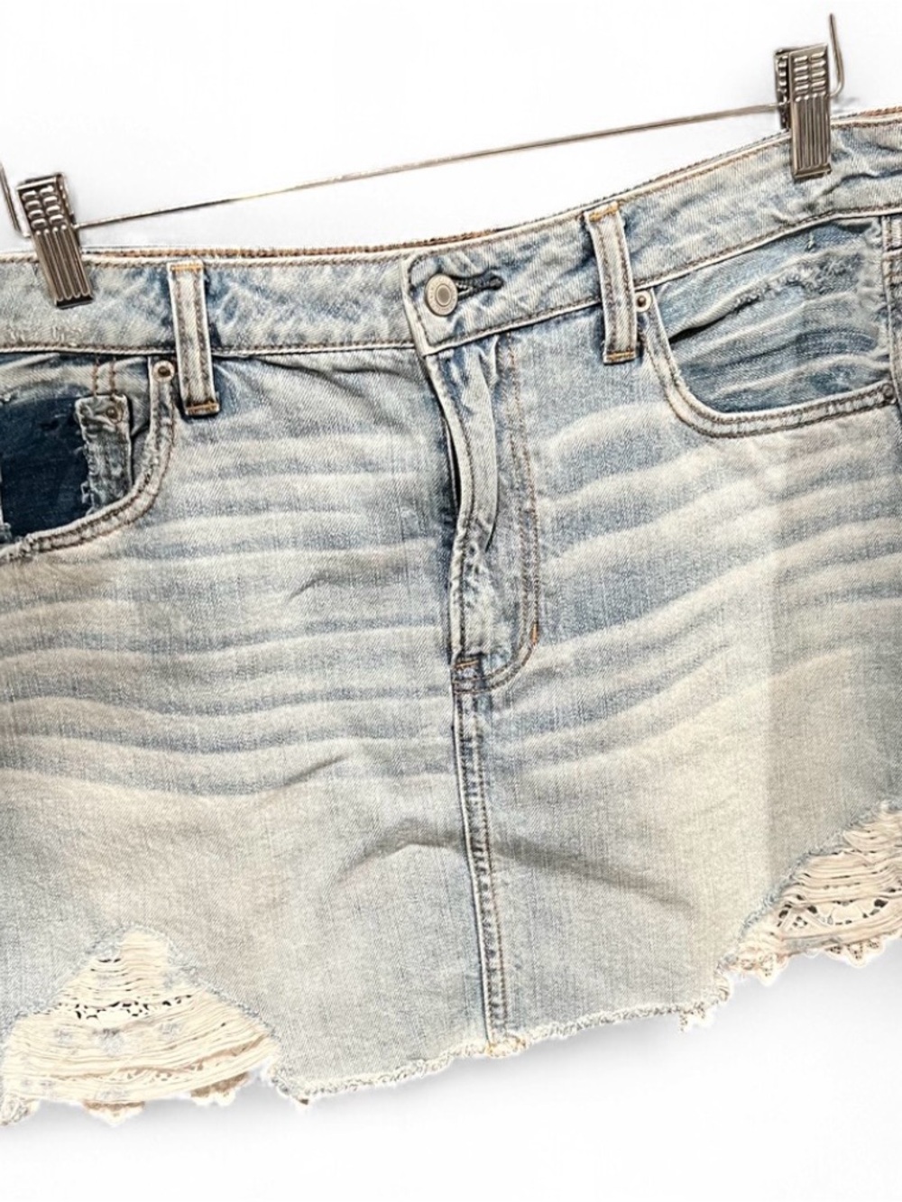 American Eagle Outfitters Light Blue Distressed Lace & Denim Mini Skirt